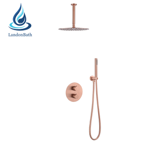 طقم دش ذهبي صنبور هطول الأمطار باللون الوردي الأبيض والجدار المصقول المصقول بمقبض خلاط أسود وأطقم مطر مثبتة على الحائط