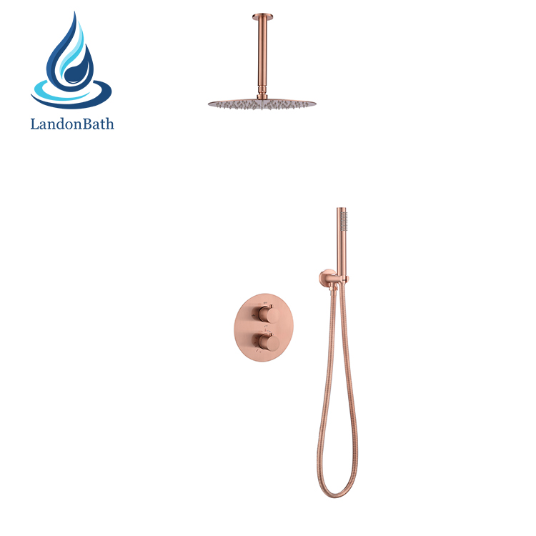 طقم دش ذهبي صنبور هطول الأمطار باللون الوردي الأبيض والجدار المصقول المصقول بمقبض خلاط أسود وأطقم مطر مثبتة على الحائط
