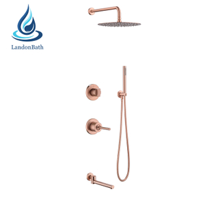 صنبور دش نحاسي مصقول ذهبي وردي مجموعة الحمام الحديثة صنبور خلاط مع حمام ملون ومجموعات هطول الأمطار باللون الذهبي الوردي